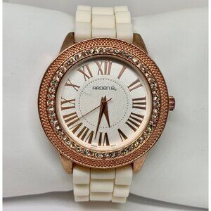 Arden B 42mm rose gold tone rhinestones women’s quartz watch white band running